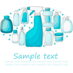 Vector set elements in the shape of an oval. Collection of cans, packages, tubes. Antiseptic, toothpaste, gel, soap
