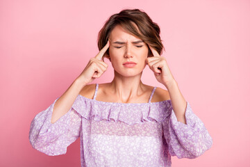 Photo of young unhappy sad sick ill suffering girl with closed eye have headache isolated on pink color background