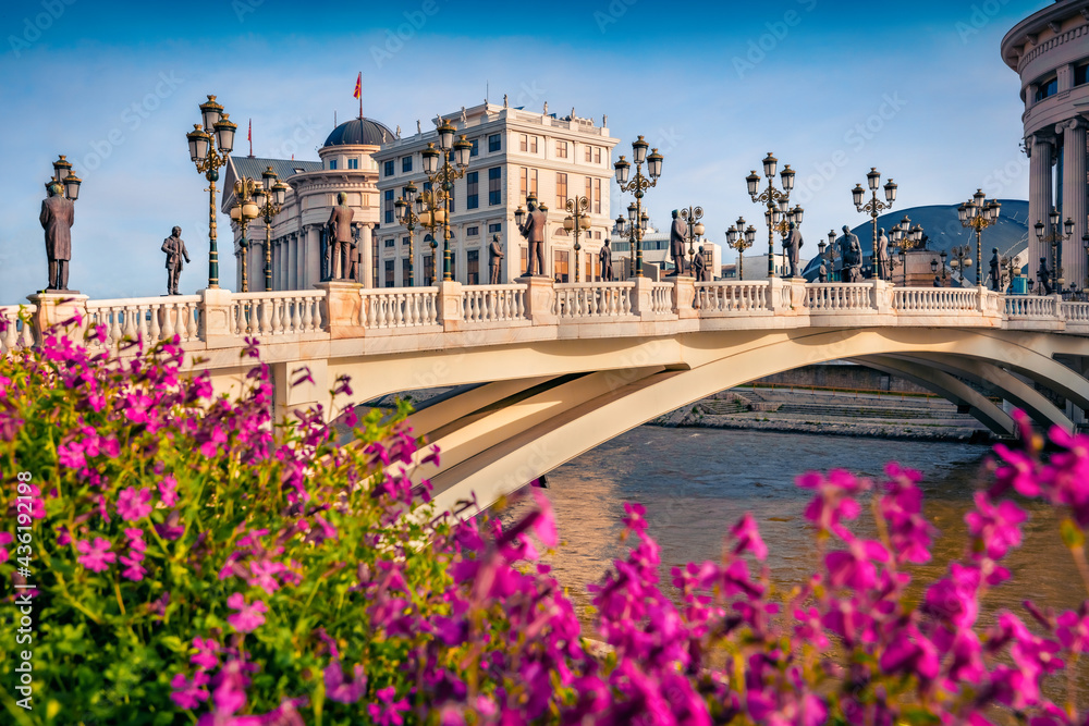 Blooming violet flowers on the shore of Vardar river. Splendid spring cityscape of capital of North Macedonia - Skopje with Archaeological Museum. Colorful view of Art Bridge. - obrazy, fototapety, plakaty 