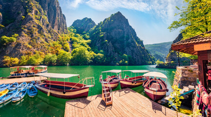 Wall Mural - attractive spring view of popular tourist destination - matka canyon. wonderful morning scene of nor