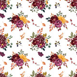 Fototapeta Mapy - Fall floral seamless pattern on white background. Watercolor red, burgundy, orange flowers, dry orange leaves, foliage, berries. Autumn botanical print. Hand painted illustration.