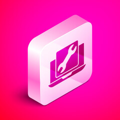 Poster - Isometric Laptop with wrench icon isolated on pink background. Adjusting, service, setting, maintenance, repair, fixing. Silver square button. Vector