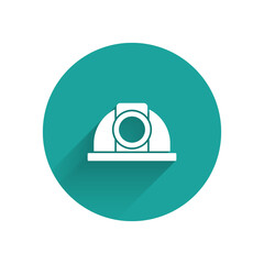 Poster - White Worker safety helmet icon isolated with long shadow. Green circle button. Vector