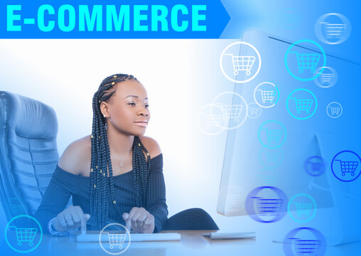 E-Commerce logo. A dark-skinned girl makes an order in an online store. Purchases of goods from your home or office. The concept of online shopping in blue. Convenient shopping.