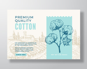 Wall Mural - Local Premium Cotton Label Template. Abstract Vector Packaging Design Layout. Modern Typography Banner with Hand Drawn Plant Branch with Flowers and Rural Landscape Background. Isolated