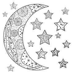 Wall Mural - Crescent. Moon and stars with abstract patterns on isolation background. Line art. Zentangle. Design for spiritual relaxation for adults. Black and white illustration for anti stress colouring page