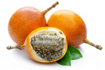 Canvas Print - Granadilla with leaves and passion fruit half isolated on a white background.