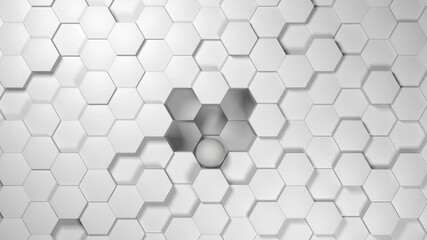Poster - Loop 3d animation of an abstract geometric background of white hexagons that are in motion. The white sphere moves vertically.