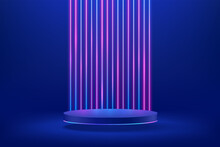 Abstract Shiny Blue Cylinder Pedestal Podium. Sci-fi Blue Abstract Room Concept With Vertical Glowing Neon Lighting. Vector Rendering 3d Shape, Product Display Presentation. Futuristic Wall Scene.