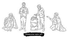 A Homeless Man Set, A Poor Tramp On The Street. Vector Linear Illustration In Doodle Sketch Style.
