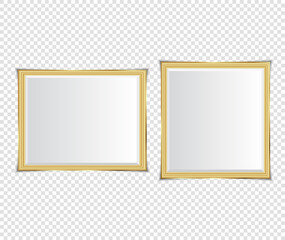 Gold shiny glowing frame with shadows isolated on transparent background. Gold luxury vintage style realistic border, photo, banner. illustration - Vector