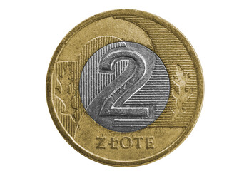 Polish Money two zloty silver with copper coin. Isolated poland currency on white background