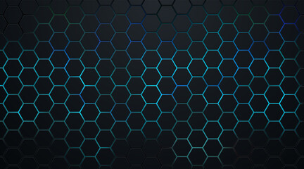 Wall Mural - Abstract dark hexagon pattern on green and blue neon light background technology style. Modern futuristic geometric shape web banner design. You can use for cover template, poster, flyer, print ad.