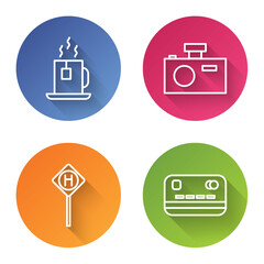 Sticker - Set line Cup of tea with tea bag, Photo camera, Parking and Credit card. Color circle button. Vector