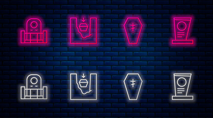 Wall Mural - Set line Coffin in grave, with cross, Grave tombstone and . Glowing neon icon on brick wall. Vector