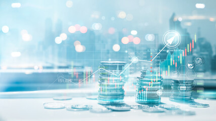 Financial information on country background, stacks of coins with charts graphs stock market background, ideas for finance Investment, business development concept and the world economy in the future.