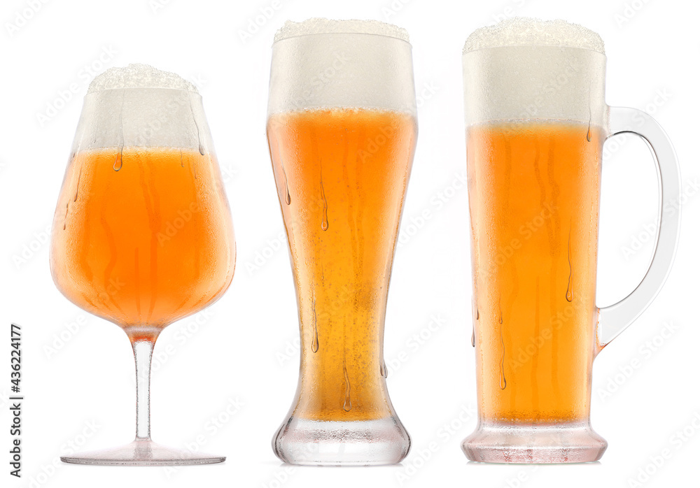 Set of fresh beer in different mugs with bubble froth isolated on white. - obrazy, fototapety, plakaty 