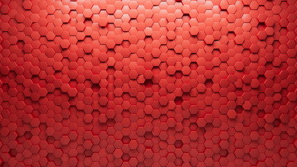 3D, Futuristic Wall background with tiles. Polished, tile Wallpaper with Hexagonal, Red blocks. 3D Render