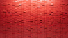 3D, Red Wall Background With Tiles. Rectangular, Tile Wallpaper With Polished, Futuristic Blocks. 3D Render