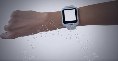 Poster - Composition of dna strand over woman's hand with smartwatch with blank screen