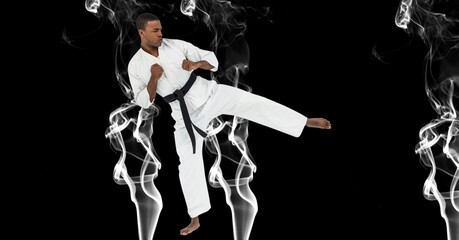 Canvas Print - Composition of male martial karate artist with black belt kicking over smoke and copy space