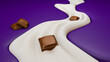 3d Creamy River on purple background with chocolates. 3d illustration