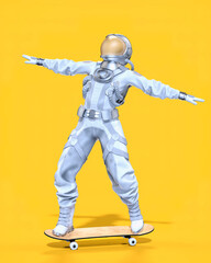 Wall Mural - astronaut balancing on a skateboard, yellow background. 3d illustration