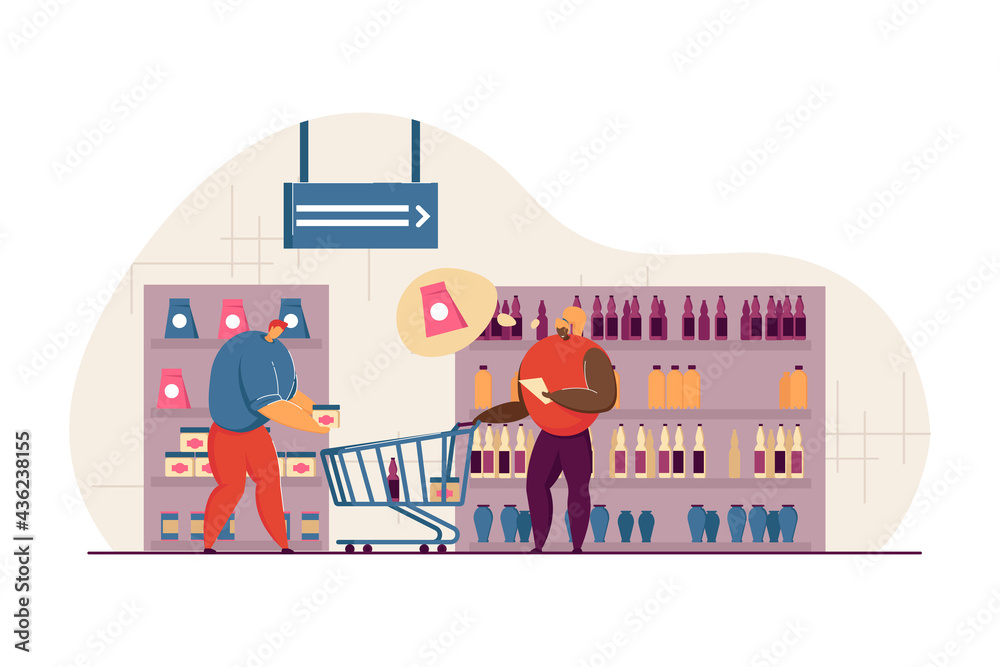 Married couple shopping at grocery store. Cartoon male character ...