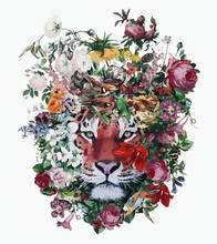 Tiger Head Flowers Art Watercolor. Pattern Graphic Textile Design. 