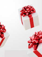 Wall Mural - Minimal product background for Christmas, New year and sale event concept. White gift box with red ribbon bow on white background. 3d render illustration. Clipping path of each element included.