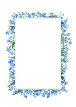 Frame With Blue Forget-me-nots On A White Background. For Invitations And Postcards. Watercolor Illustration