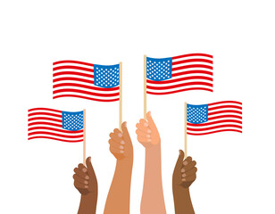 Happy 4th july, People hold American flag. American Independence Day national holiday. Vector illustration