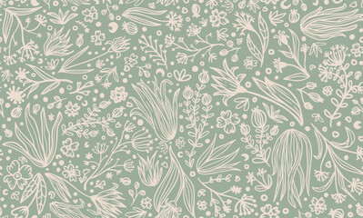 different doodled vector botanical elements, flowers, leaves, branches, grass, herbs with dots and h
