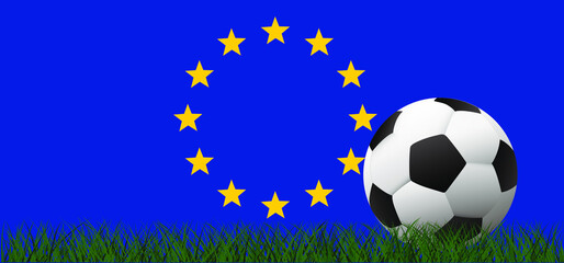 Wall Mural - Sky view soccer border on green football grass field with the flag of Europe. Vector background banner. Sport EK, WK finale or school, sports game cup. Summer, street ball games. 2020, 2021