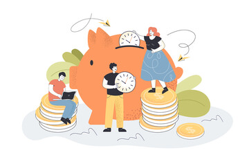 Wall Mural - Tiny people putting clocks in piggybank. Cartoon characters collecting money flat vector illustration. Time management, saving money, wealth concept for banner, website design or landing web page