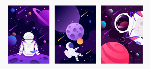 Wall Mural - set of dark space banners. astronaut in space. planets of the solar system. space travel and explora