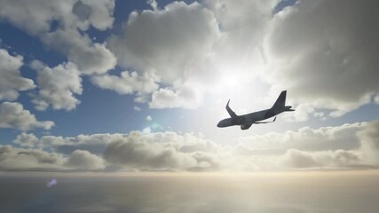 Wall Mural - plane flying away as seen from below and behind. silhouette of a commercial - cargo airplane over th