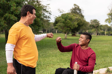 wheelchair men greeting friend in sunny day at park..