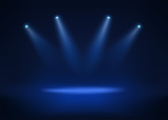 Poster - Dark srudio and four blue projectors pointed to the center