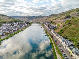 Aerial Panorama view on Zell am Mosel. Beautiful historical town on the loop of romantic Moselle river. Rhineland-Palatinate, Germany