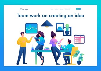 Poster - Creative team of professionals develops idea. Flat 2D landing page