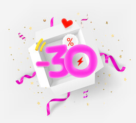 Poster - Thirty percent discount vector banner with white opened box