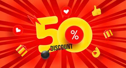 Poster - 50 percent discount offer. Sale vector banner with rays