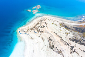 Wall Mural - Aerial view over the clear beach and turquoise water of Salda lake. Burdur Province, Turkey