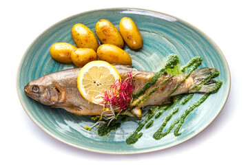 Wall Mural - Baked trout on a blue plate