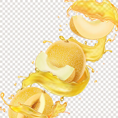 Wall Mural - Honeydew melon. Fresh sweet fruit with realistic yellow juice splash. Melon beverage or flavor vector illustration