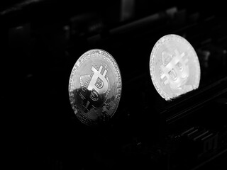 Sticker - Grayscale shot of bitcoins