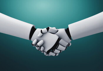 Poster - 3D rendering humanoid robot handshake to collaborate future technology development by AI thinking brain, artificial intelligence and machine learning process for 4th industrial revolution.