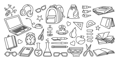 Back to School doodle sketch cartoon set. Learning school flat icon line collection. First day of school equipment, Education concept icon kit. Scissors, laptop, glasses book backpack, paints vector