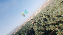 Powered Paragliding Or Parachute With A Pilot With Oman Flag In AlHamra, Al Dakhiliyah, Oman. Above Old Houses And Farms With Palm Trees.